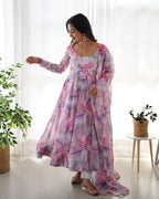 Pure Soft Organza Anarkali Suit Set With Huge Flair, Dupatta & Pant