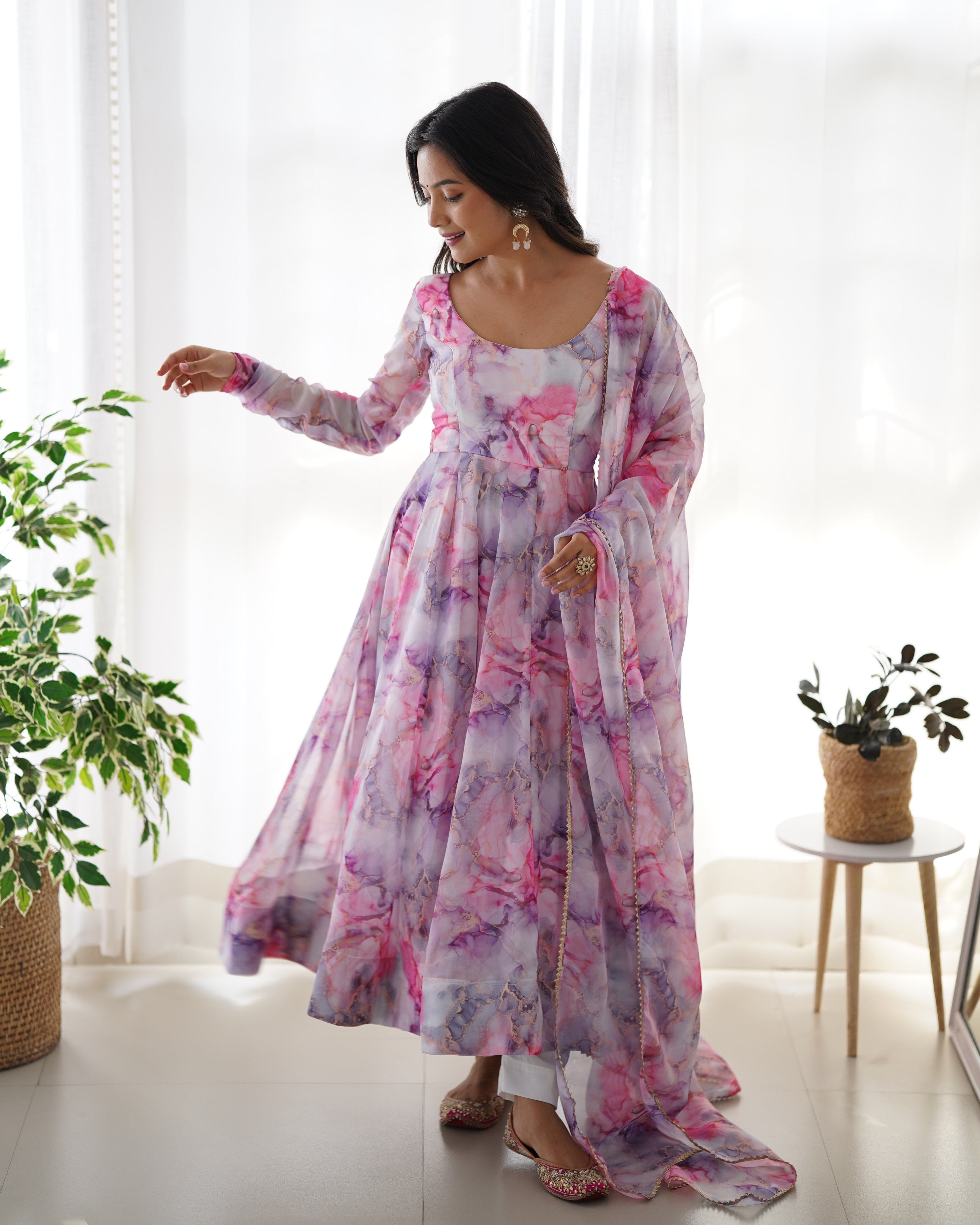 Pure Soft Organza Anarkali Suit Set With Huge Flair, Dupatta & Pant