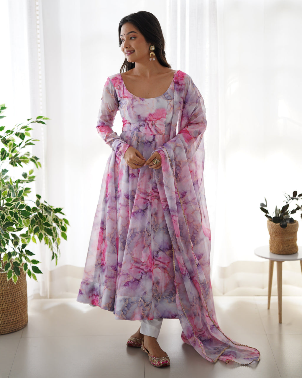 Pure Soft Organza Anarkali Suit Set With Huge Flair, Dupatta & Pant
