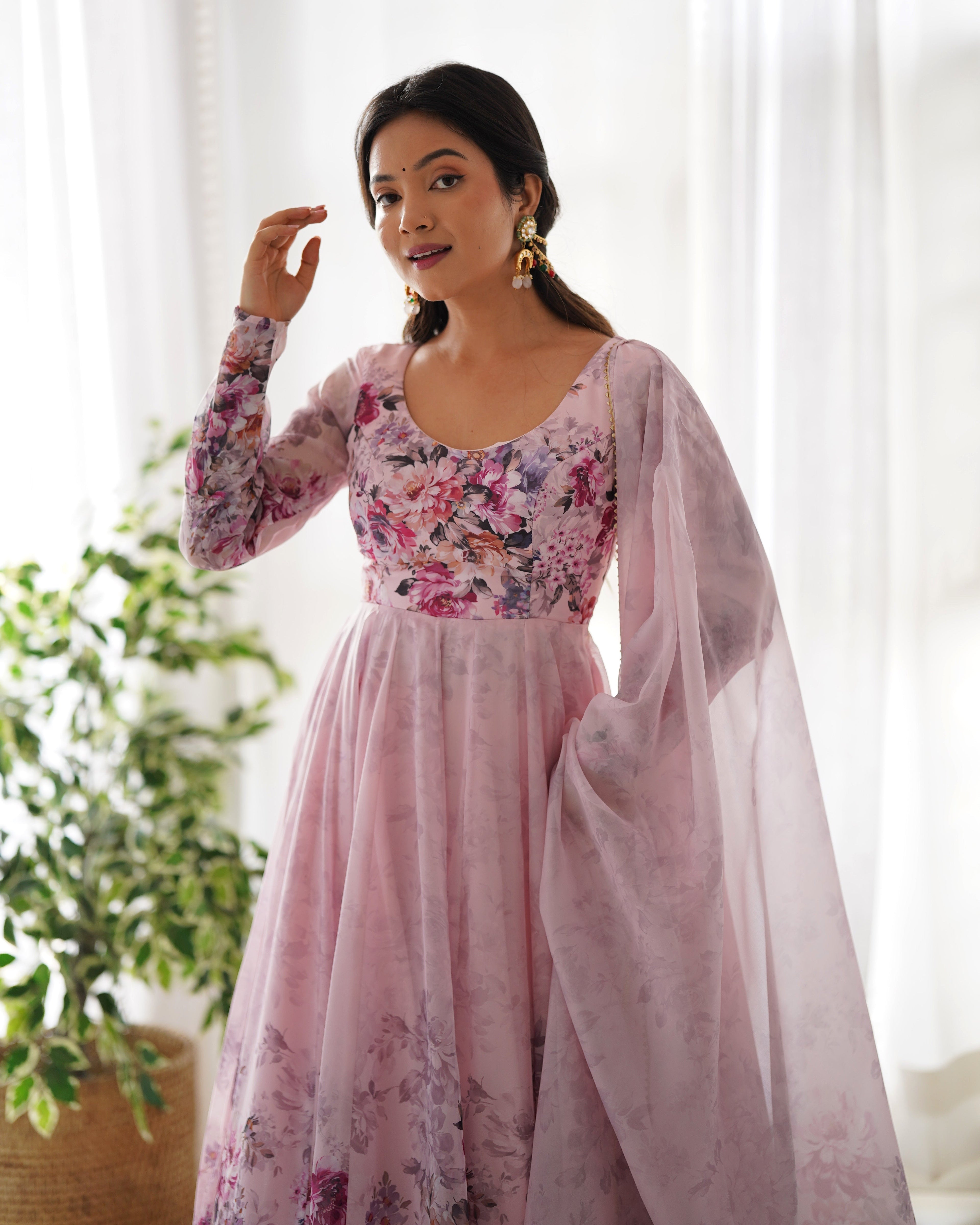Pure Soft Organza Anarkali Suit Set With Huge Flair, Dupatta & Pant