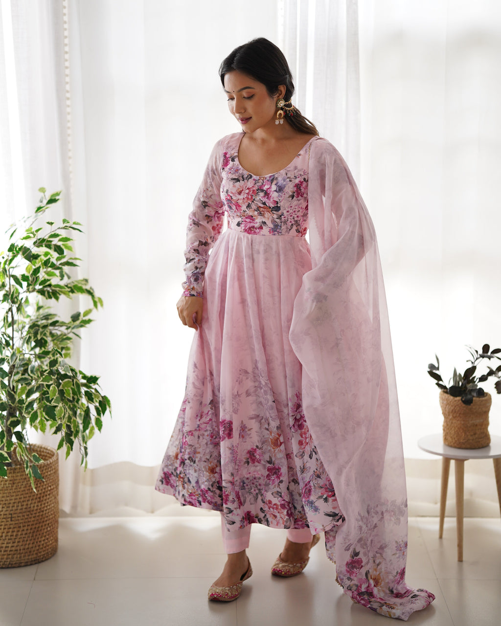 Pure Soft Organza Anarkali Suit Set With Huge Flair, Dupatta & Pant