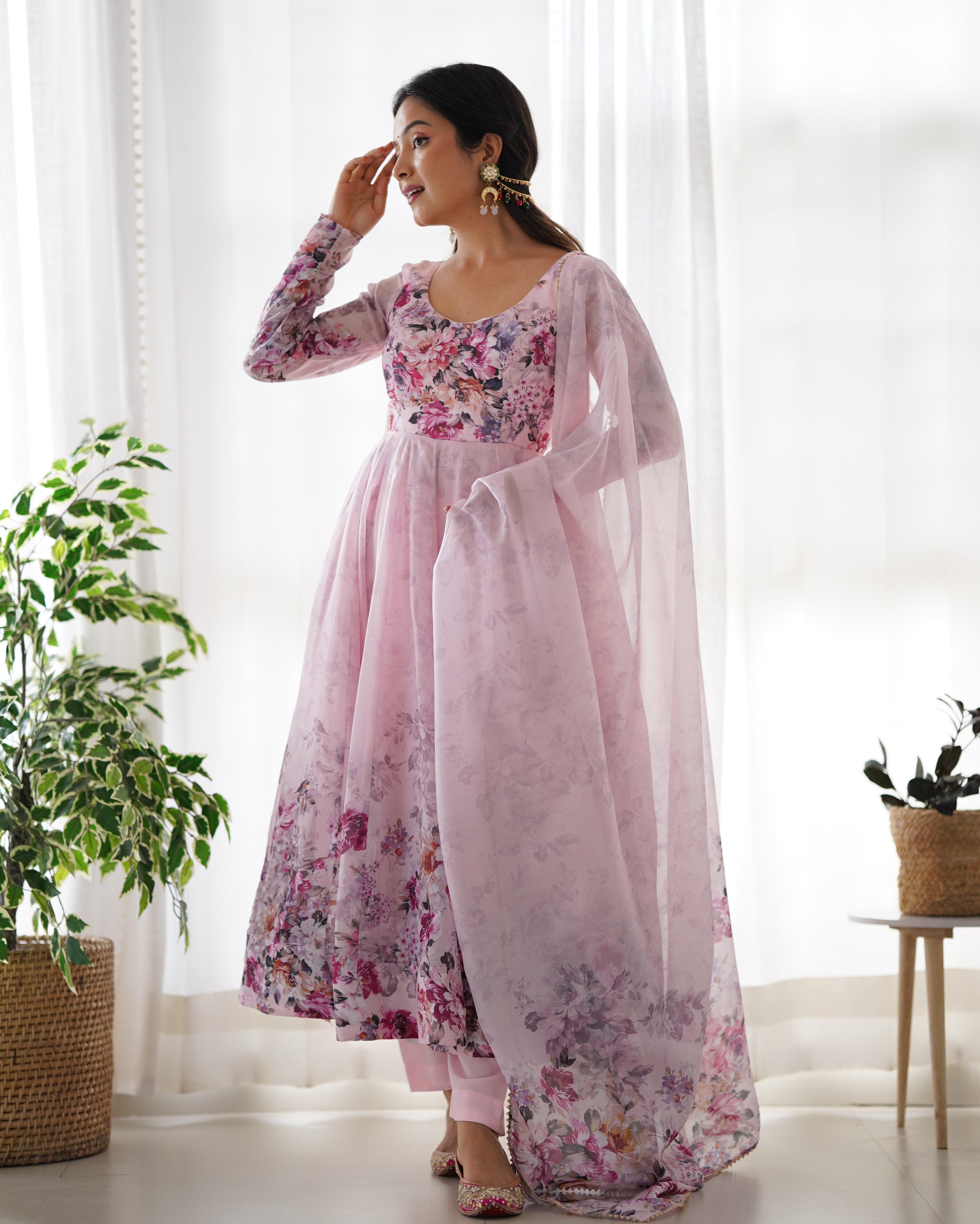 Pure Soft Organza Anarkali Suit Set With Huge Flair, Dupatta & Pant