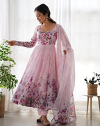 Pure Soft Organza Anarkali Suit Set With Huge Flair, Dupatta & Pant
