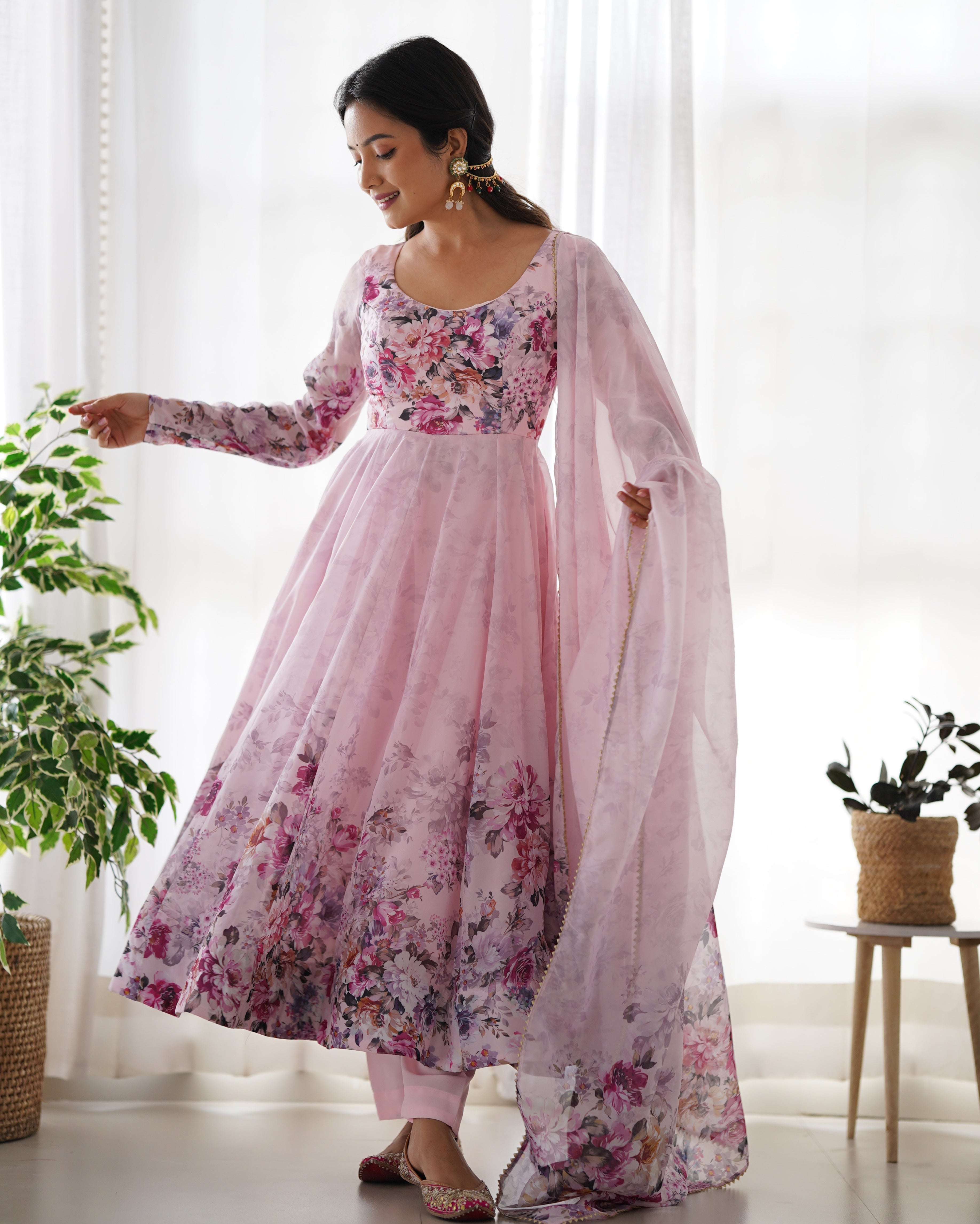 Pure Soft Organza Anarkali Suit Set With Huge Flair, Dupatta & Pant