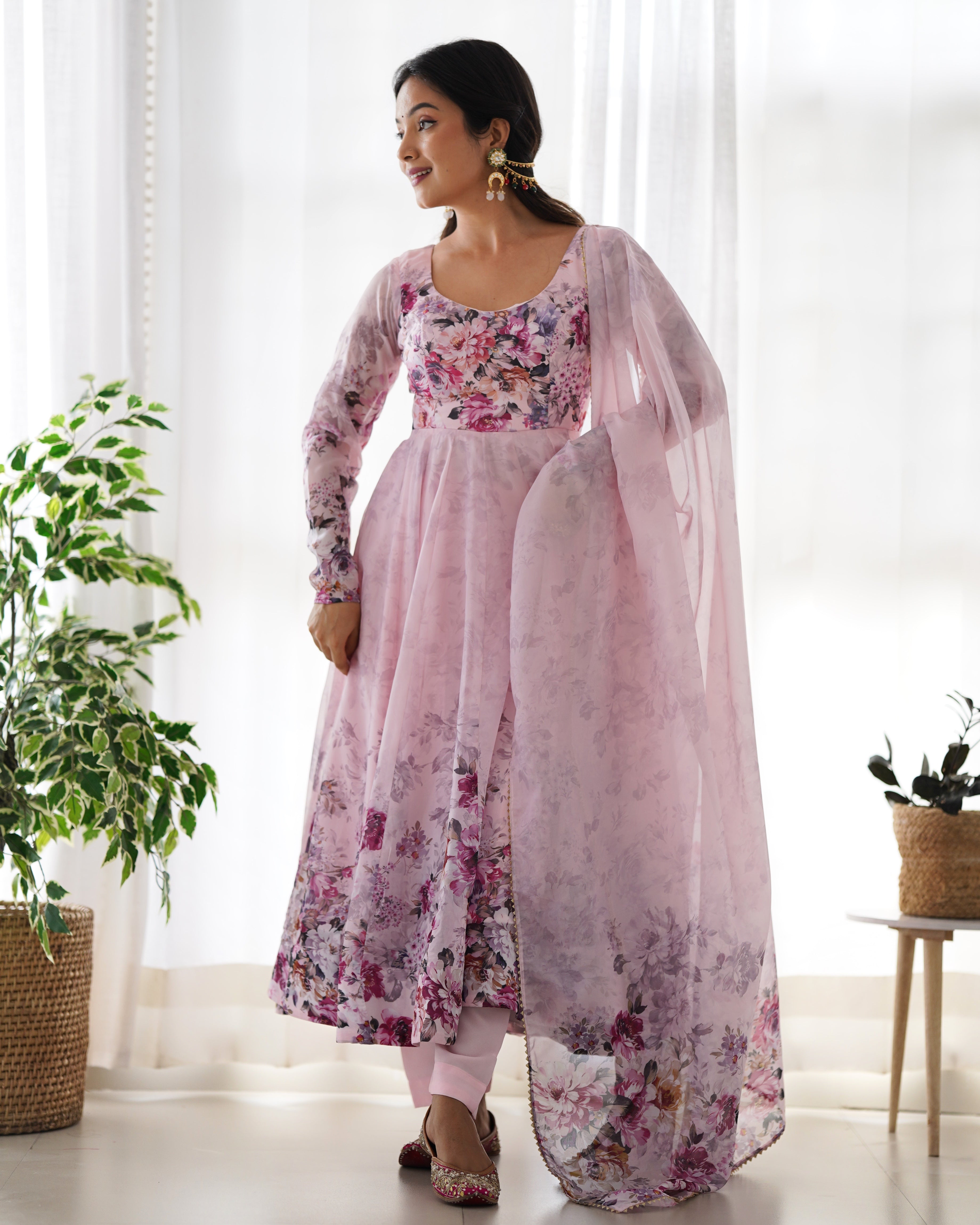 Pure Soft Organza Anarkali Suit Set With Huge Flair, Dupatta & Pant