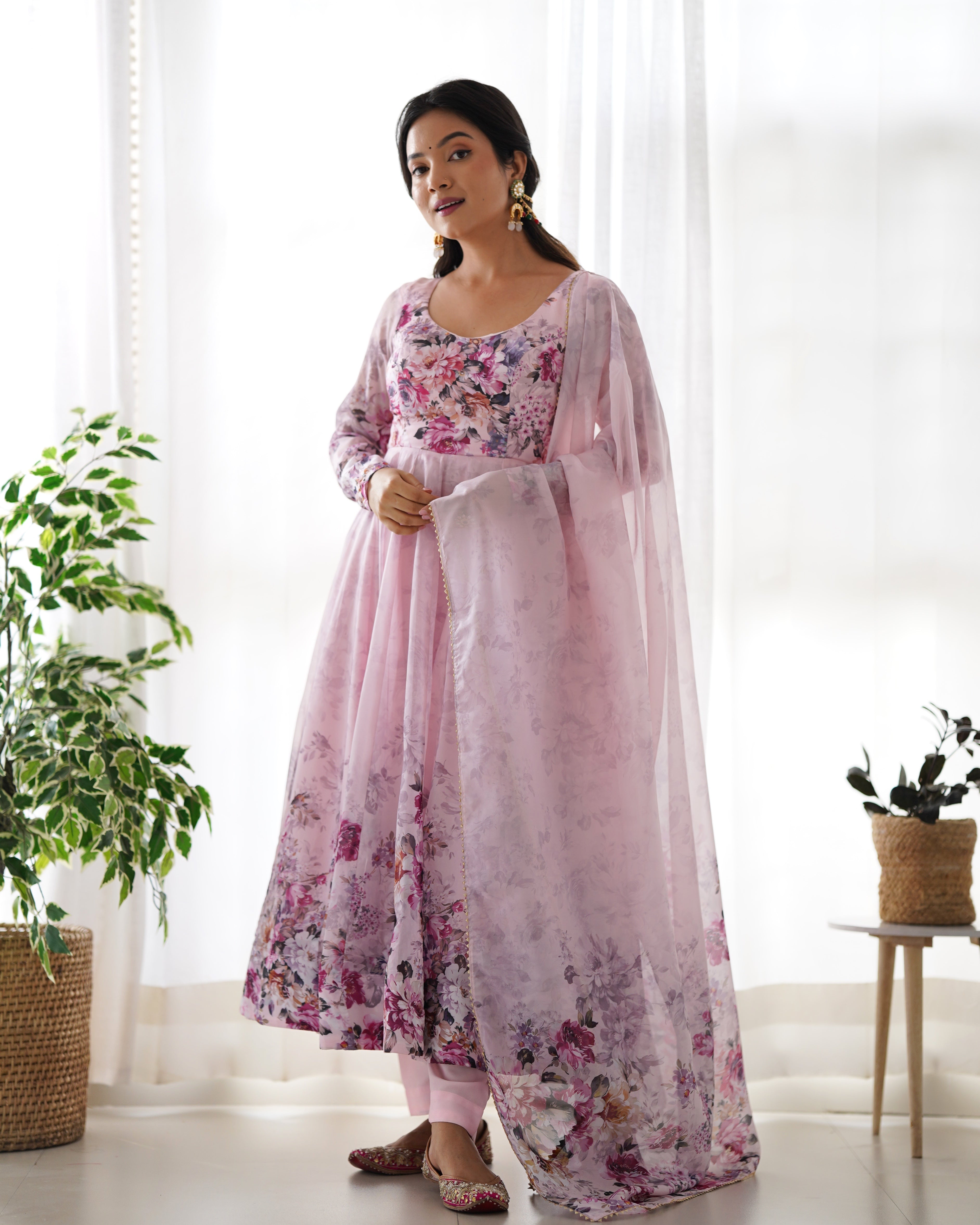 Pure Soft Organza Anarkali Suit Set With Huge Flair, Dupatta & Pant