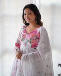 ANVERI Women’s White Floral Printed Anarkali Kurta Set with Dupatta | Pink Flower Ethnic Suit for Festive & Party Wear