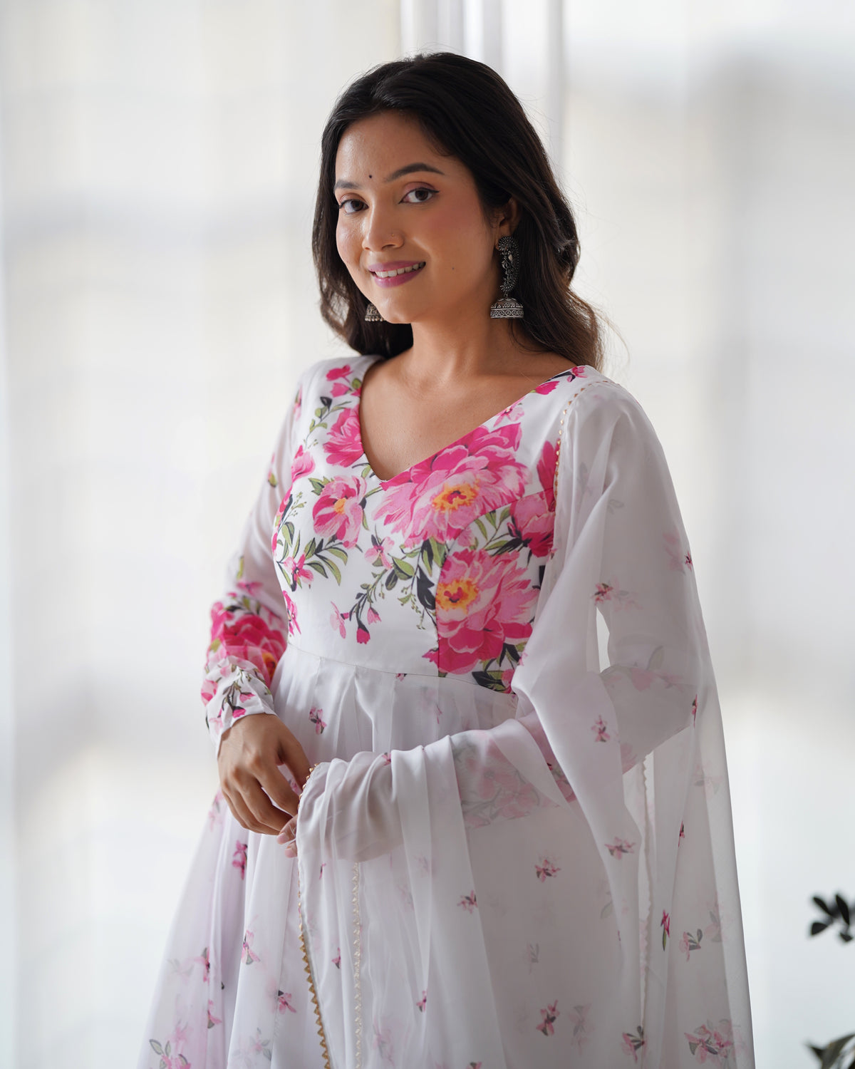 ANVERI Women’s White Floral Printed Anarkali Kurta Set with Dupatta | Pink Flower Ethnic Suit for Festive & Party Wear