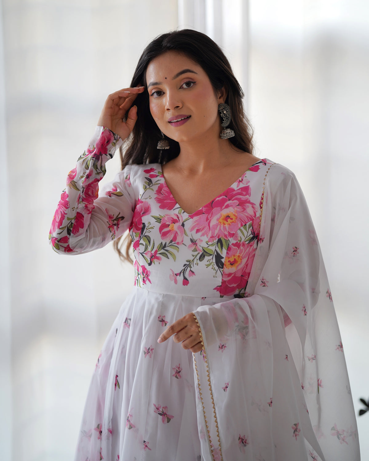 ANVERI Women’s White Floral Printed Anarkali Kurta Set with Dupatta | Pink Flower Ethnic Suit for Festive & Party Wear