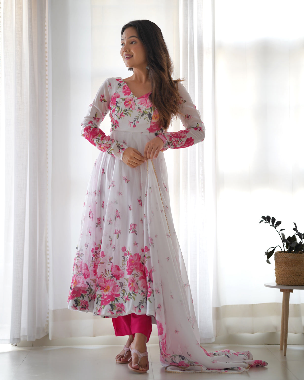 ANVERI Women’s White Floral Printed Anarkali Kurta Set with Dupatta | Pink Flower Ethnic Suit for Festive & Party Wear
