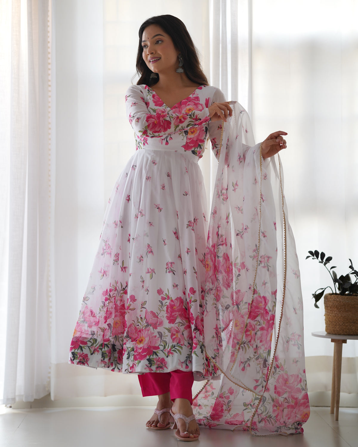 ANVERI Women’s White Floral Printed Anarkali Kurta Set with Dupatta | Pink Flower Ethnic Suit for Festive & Party Wear