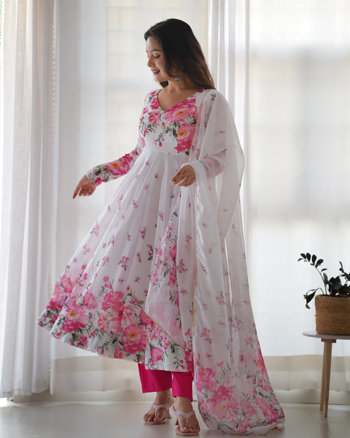 ANVERI Women’s White Floral Printed Anarkali Kurta Set with Dupatta | Pink Flower Ethnic Suit for Festive & Party Wear