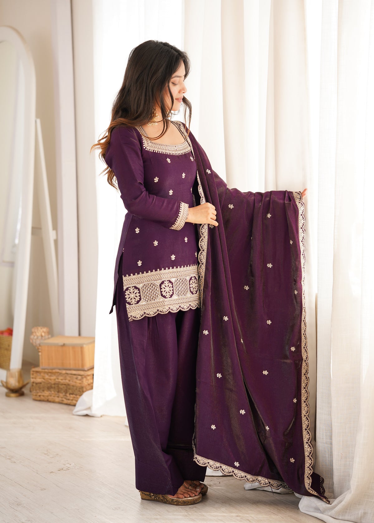 ANVERI TEXTILES Women’s Embroidered Kurta Palazzo Set with Dupatta | Elegant 3 Piece Ethnic Suit Set | Festive & Party Wear Traditional Outfit