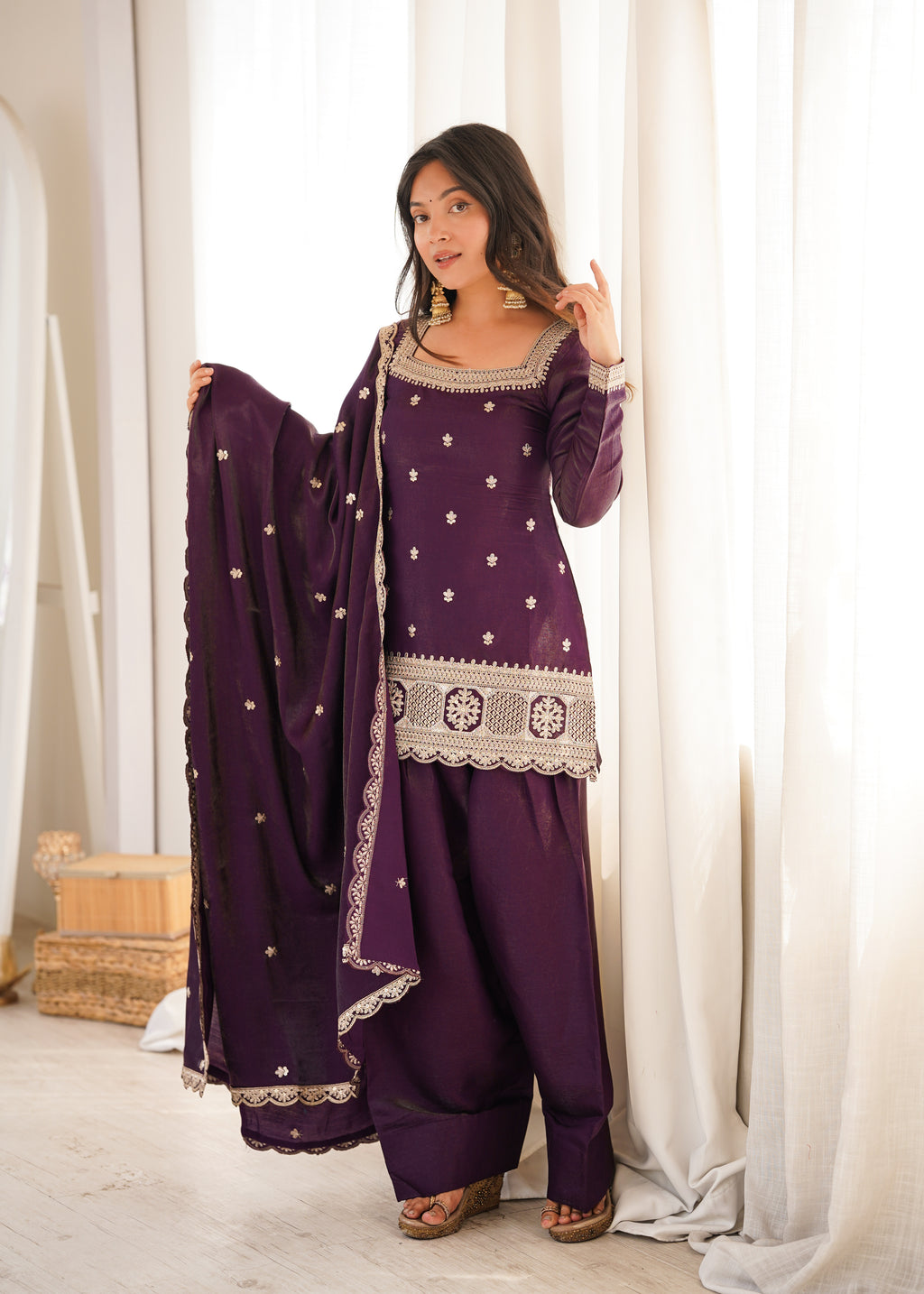 ANVERI TEXTILES Women’s Embroidered Kurta Palazzo Set with Dupatta | Elegant 3 Piece Ethnic Suit Set | Festive & Party Wear Traditional Outfit