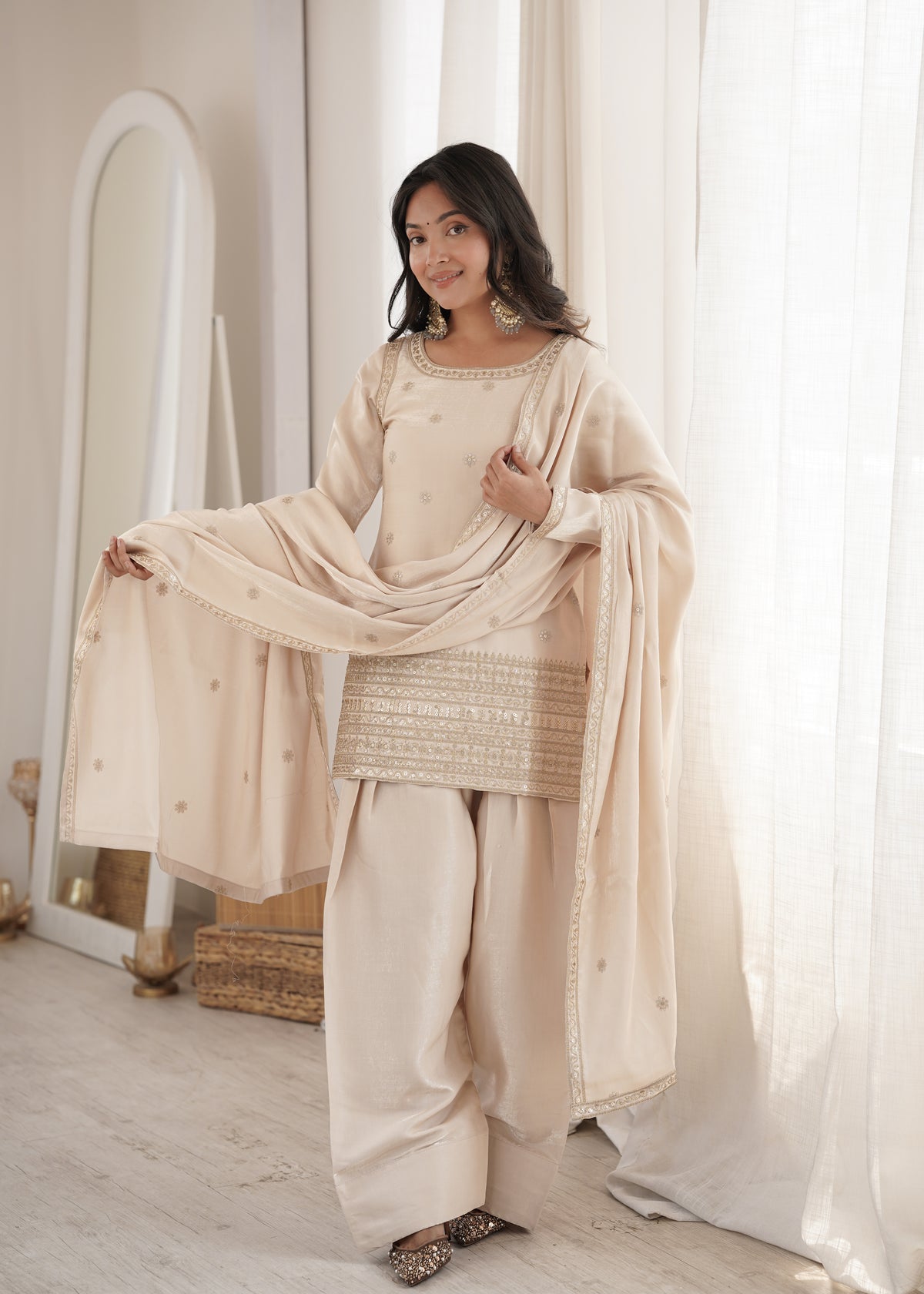 ANVERI TEXTILES Women’s Embroidered Kurta Palazzo Set with Dupatta | Elegant 3 Piece Ethnic Suit Set | Festive, Party & Wedding Wear
