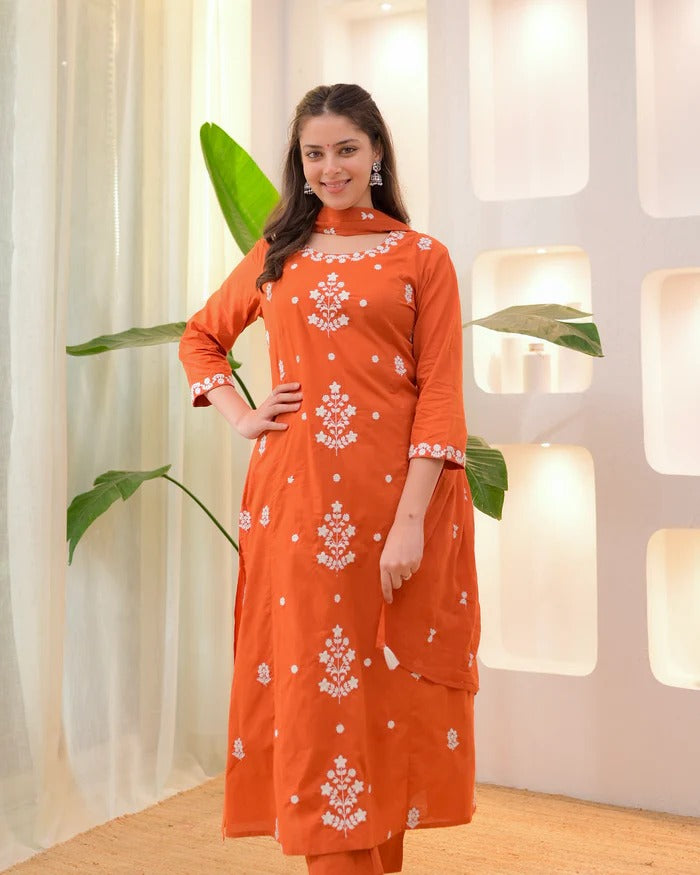 Women’s Cotton Embroidered Kurta Set with Dupatta | Soft & Breathable Fabric | Stylish Ethnic Wear for Daily & Festive Use | Comfortable Straight Fit Suit Set for Women | Party | Wedding | Anniversary | Festival