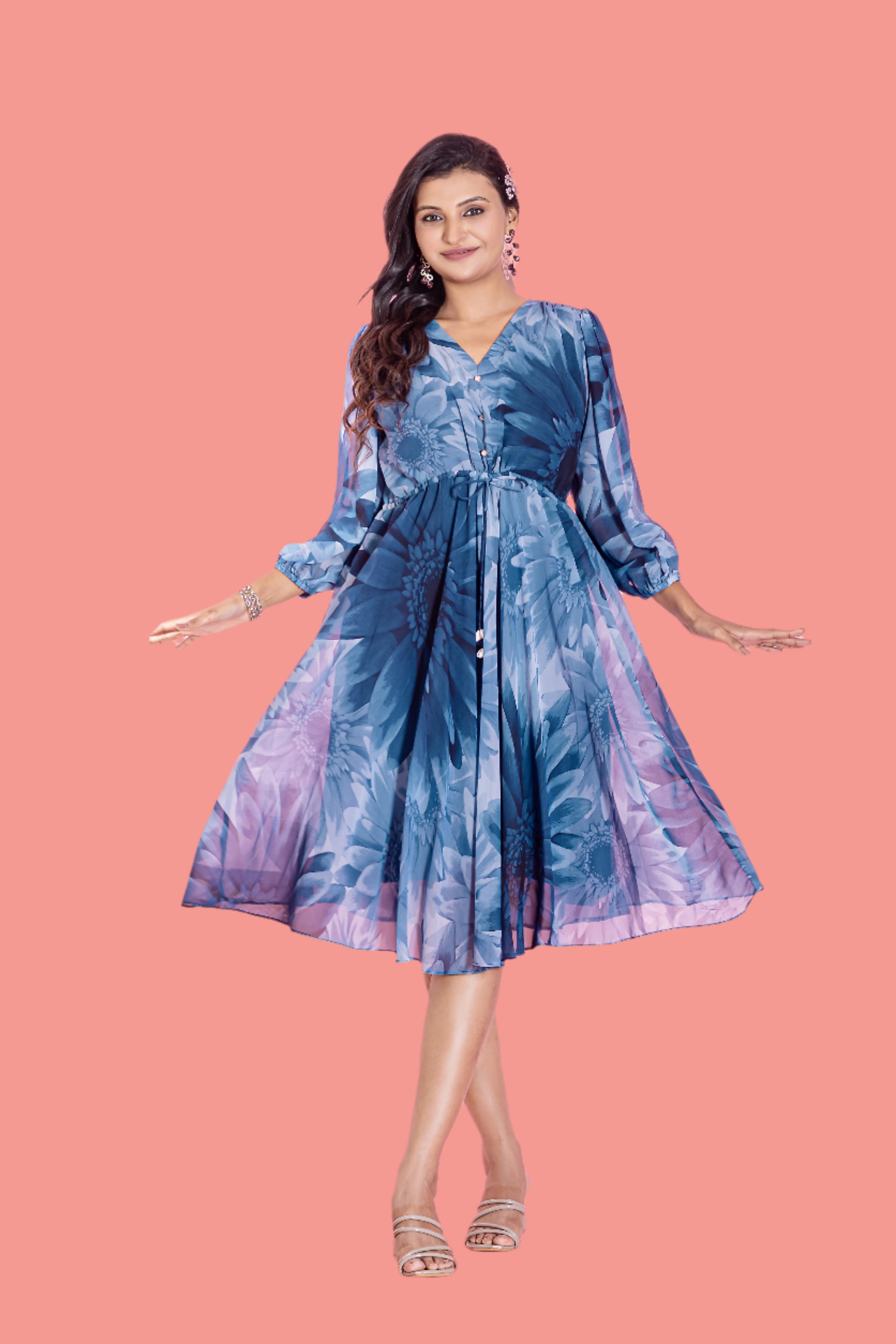 Anveri Textiles Georgette V Neck Knee Length 3/4th Sleeve Floral Print Back Neck Round Short Dress Blue