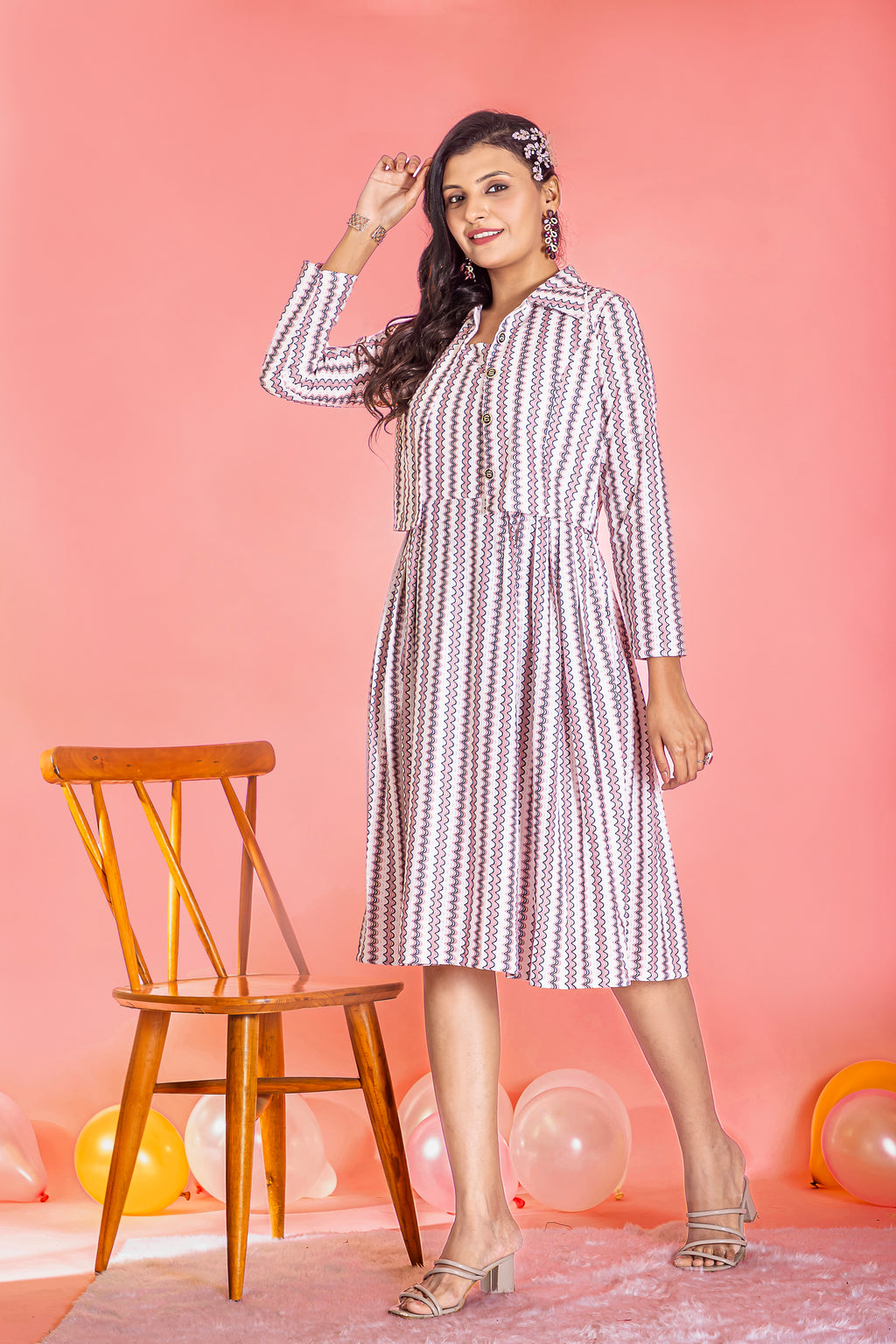 Anveri Textile Women's Cotton Knee-Length A-line Dress with Full Sleeves & Collared Jacket – Square Neckline, Stylish and Comfortable Short Dress(251_Ruchi)