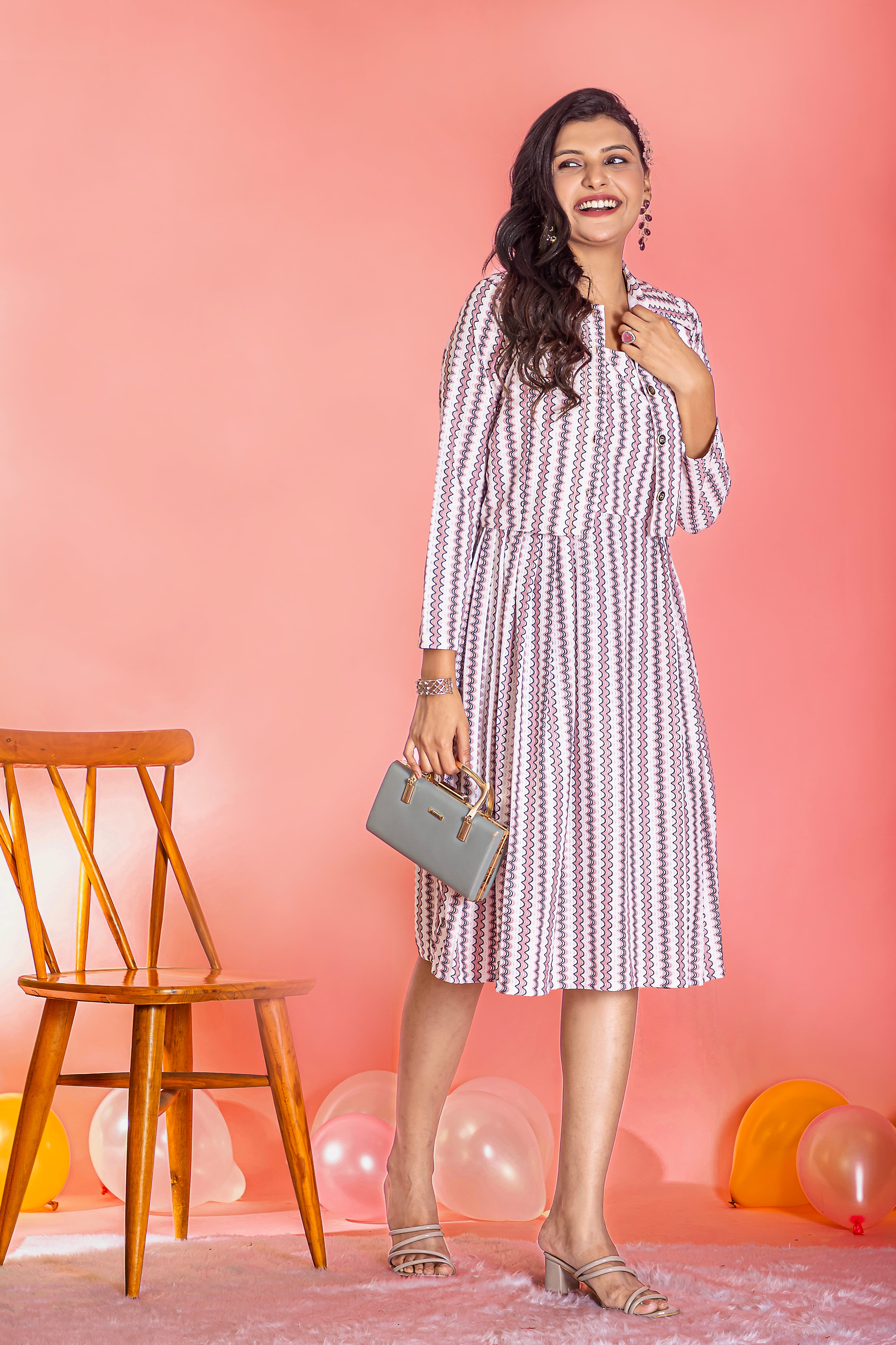 Anveri Textile Women's Cotton Knee-Length A-line Dress with Full Sleeves & Collared Jacket – Square Neckline, Stylish and Comfortable Short Dress(251_Ruchi)