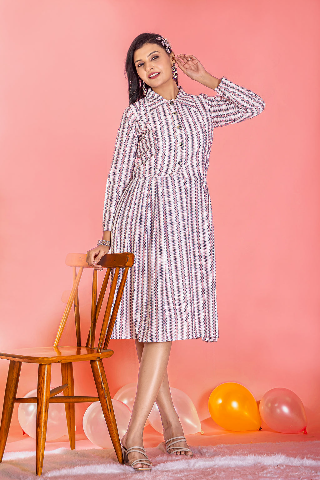 Anveri Textile Women's Cotton Knee-Length A-line Dress with Full Sleeves & Collared Jacket – Square Neckline, Stylish and Comfortable Short Dress(251_Ruchi)