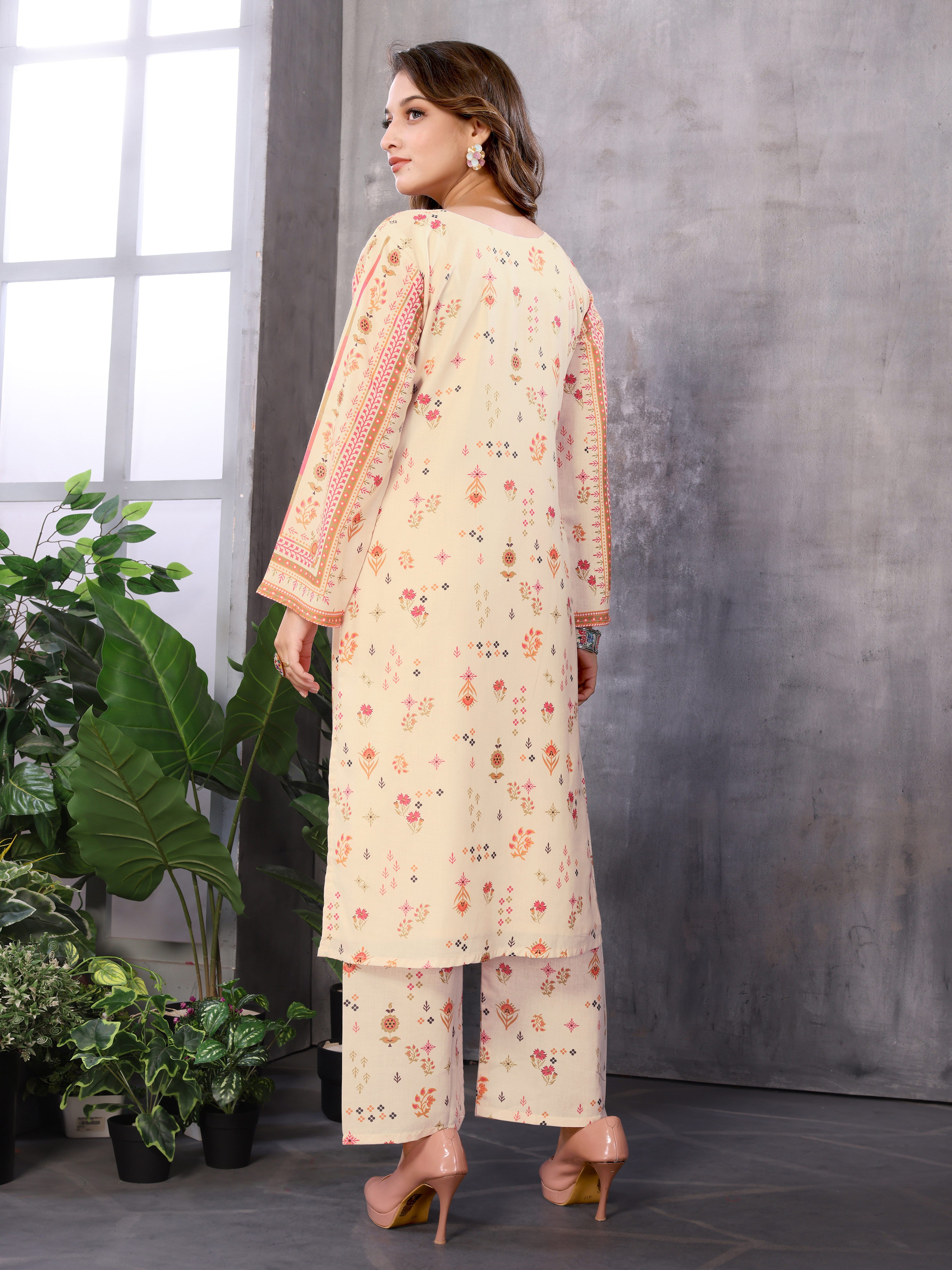 232_manvi_cream Beige colour kurta with bottom Round neck cotton cambric