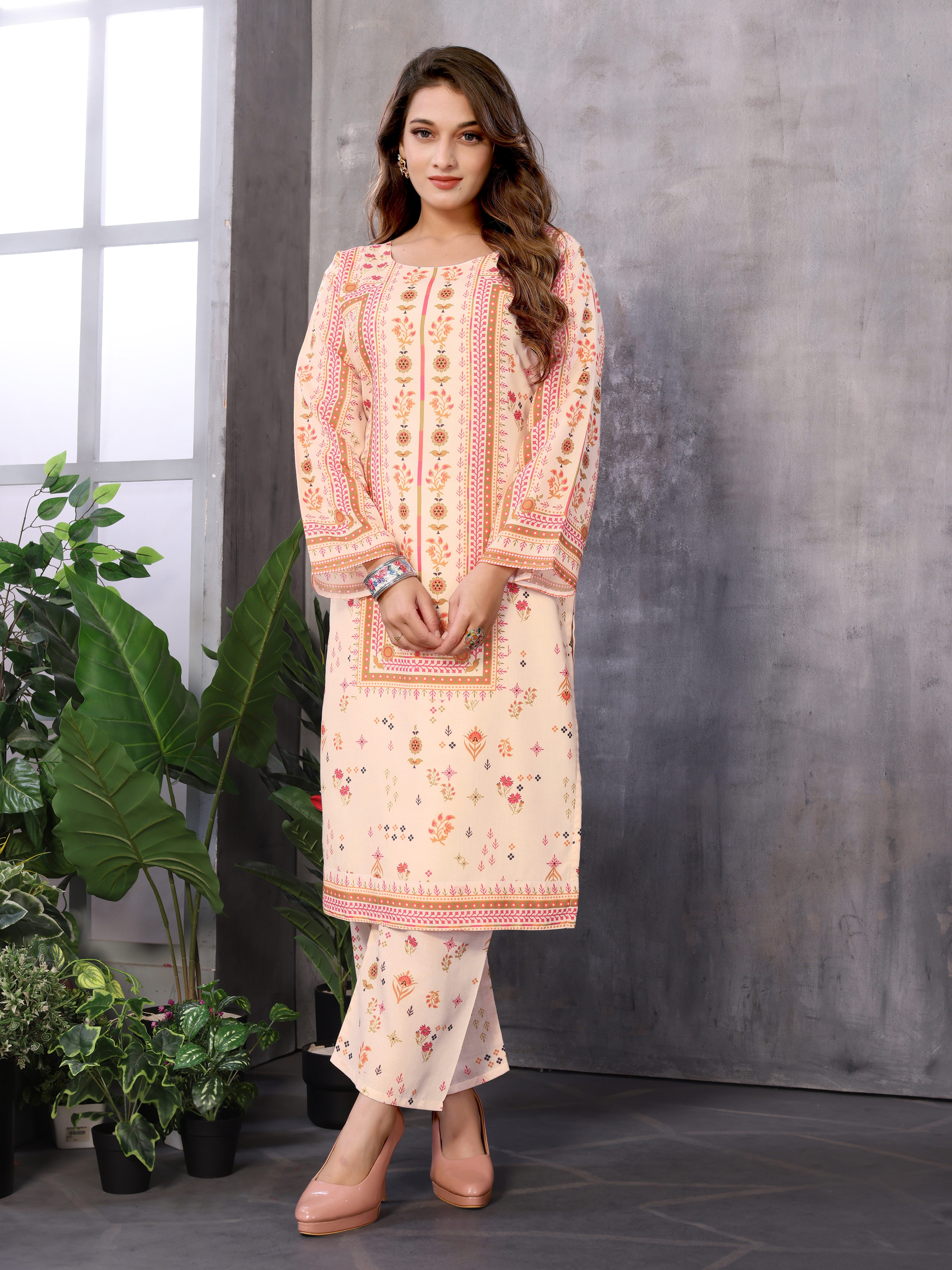 232_manvi_cream Beige colour kurta with bottom Round neck cotton cambric