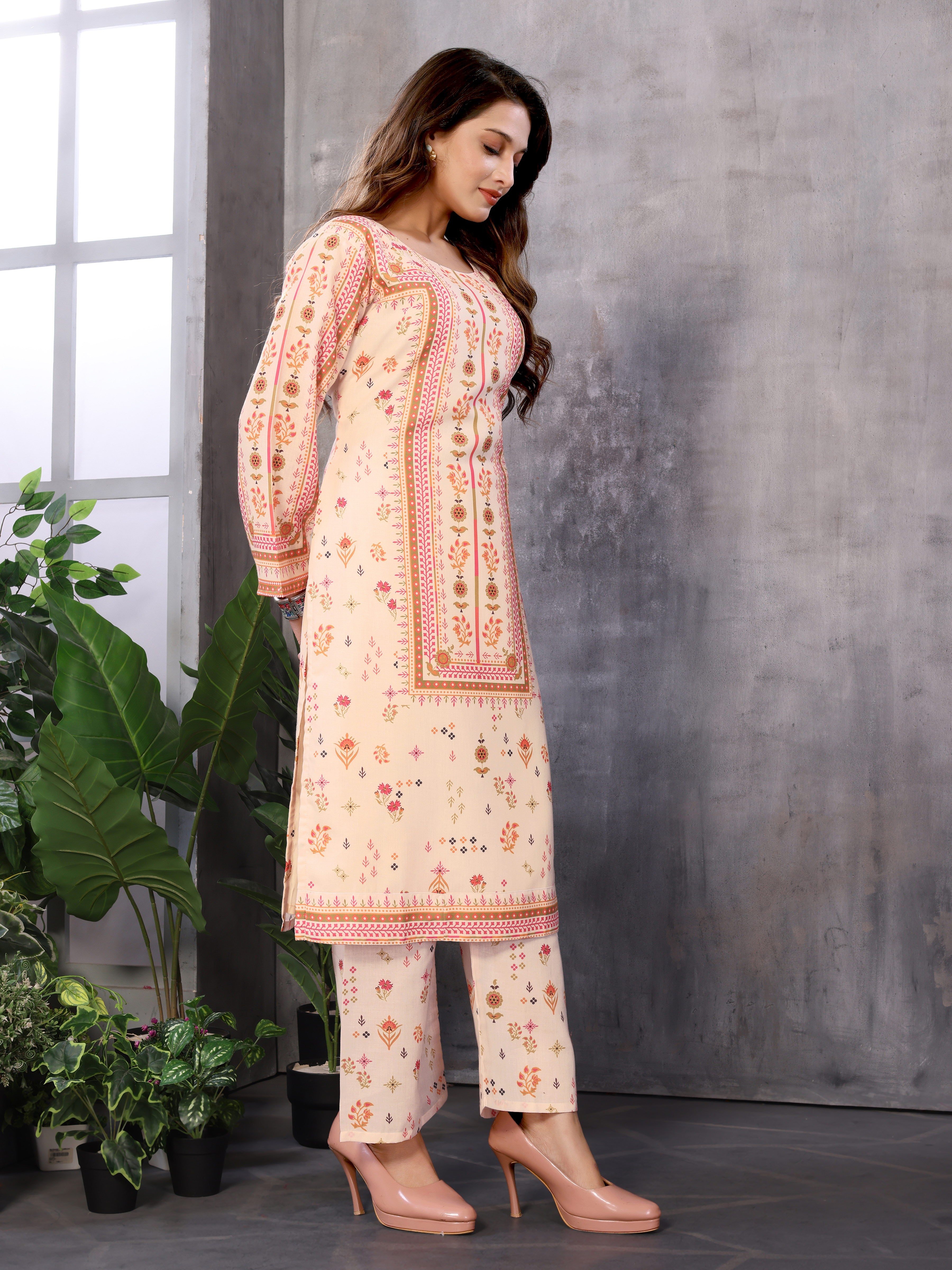 232_manvi_cream Beige colour kurta with bottom Round neck cotton cambric