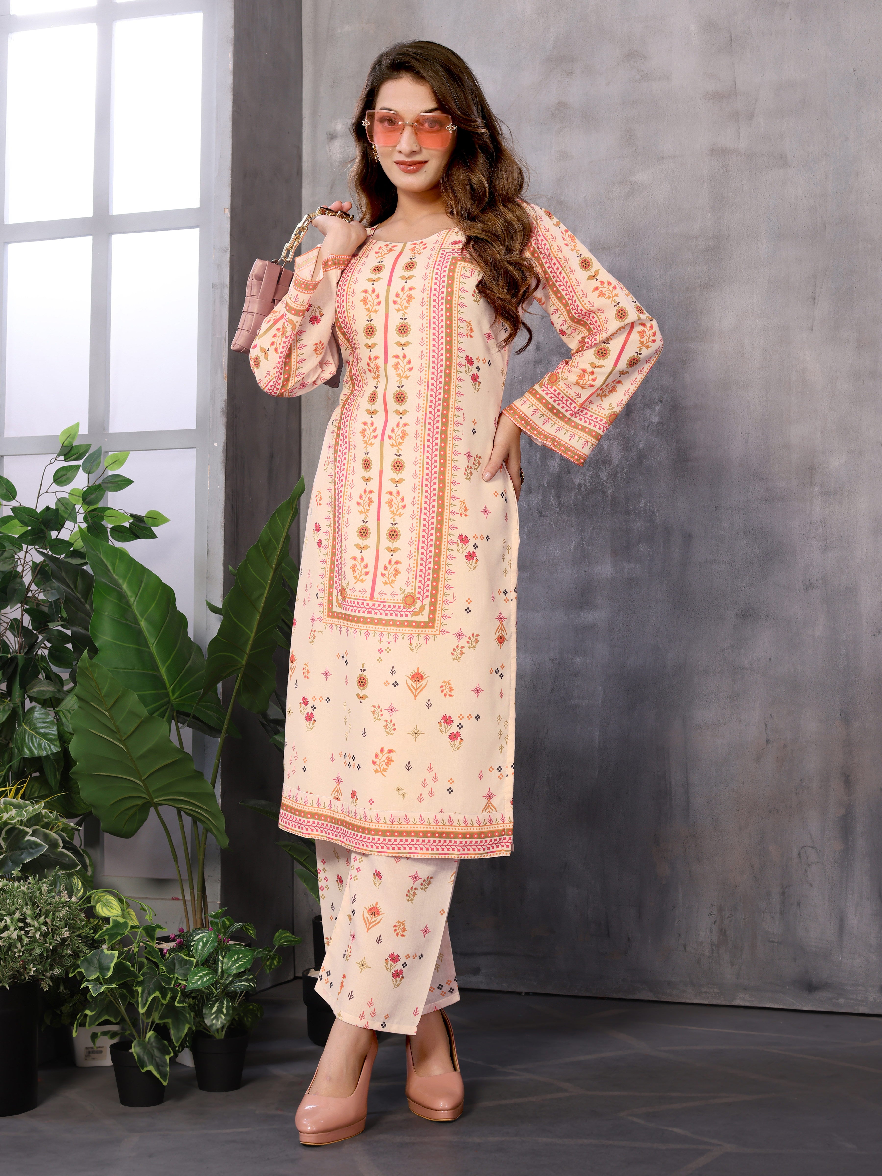 232_manvi_cream Beige colour kurta with bottom Round neck cotton cambric