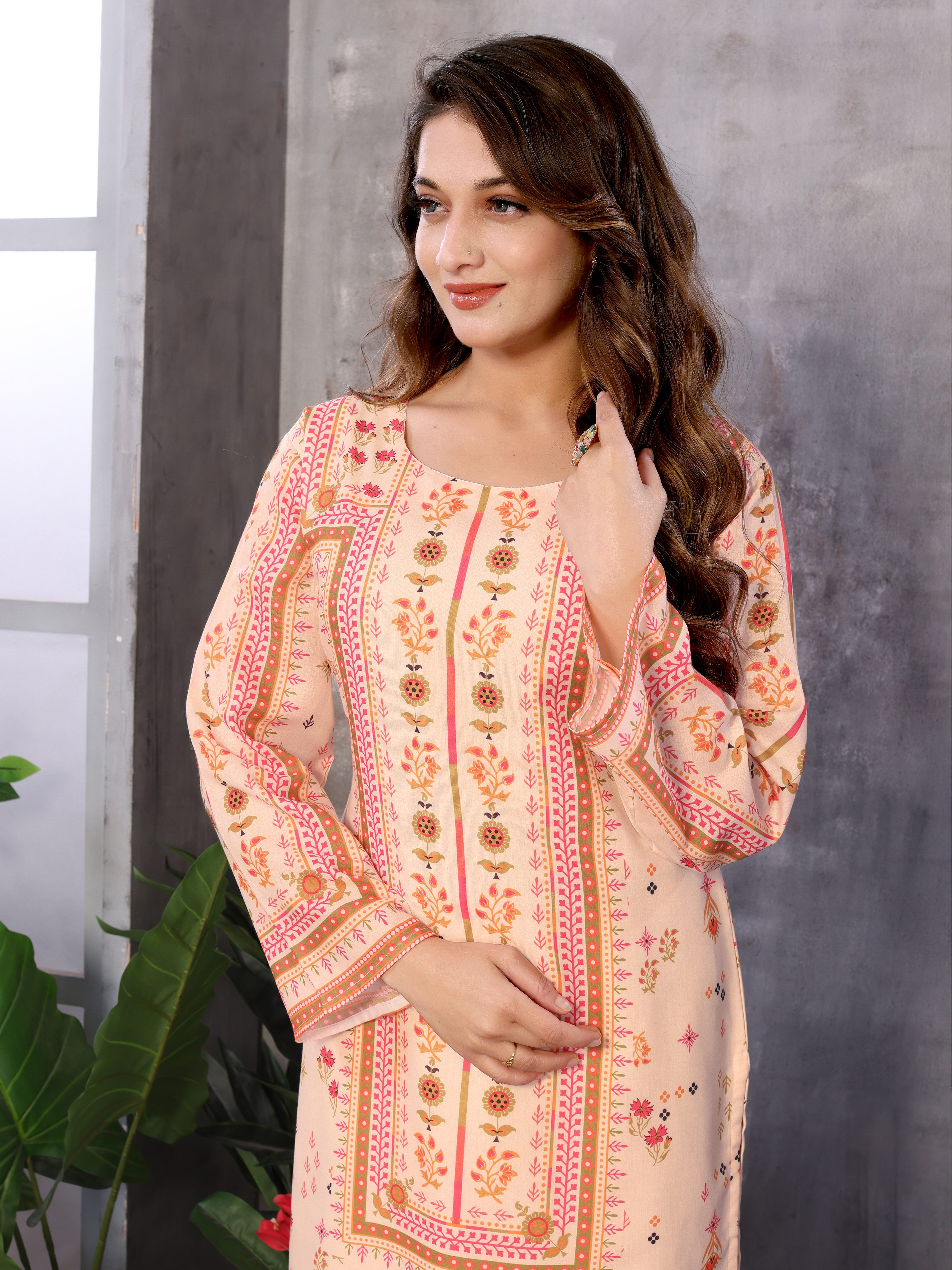 232_manvi_cream Beige colour kurta with bottom Round neck cotton cambric