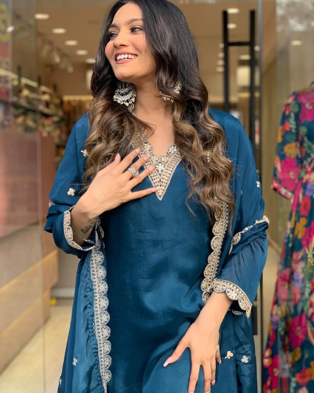 Midnight Blue Sharara Set with Intricate Embellishments