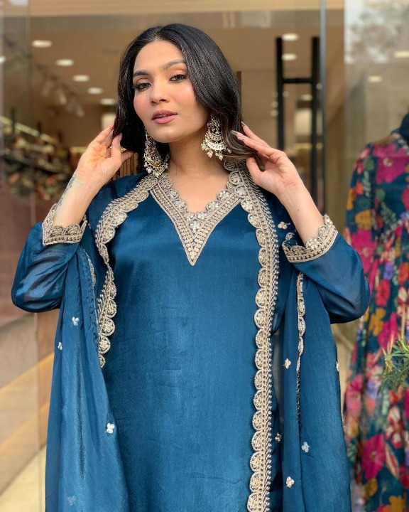 Midnight Blue Sharara Set with Intricate Embellishments