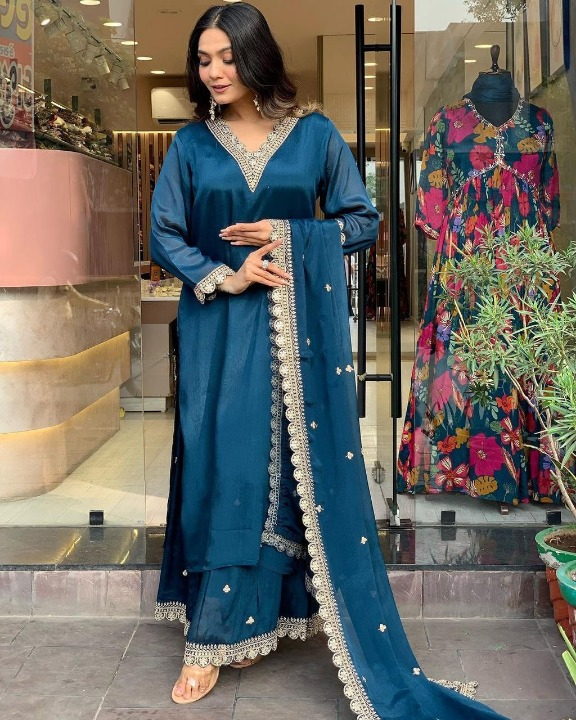 Midnight Blue Sharara Set with Intricate Embellishments