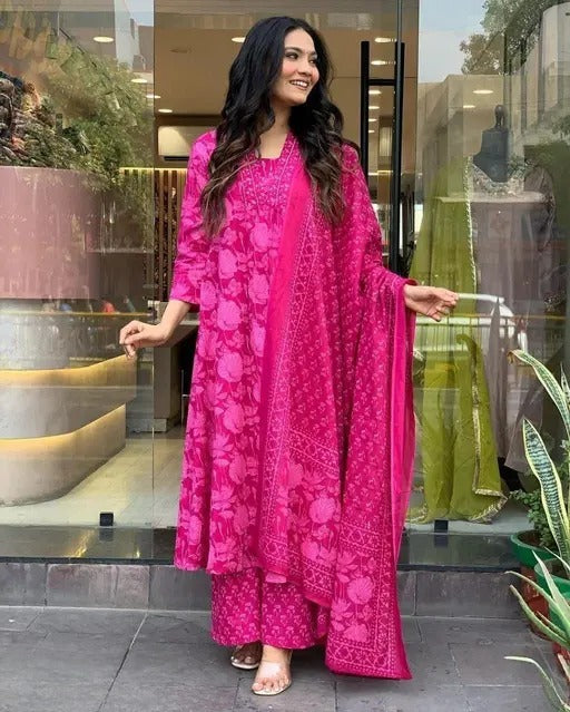 Anveri Textile Women's Cotton Summer Suit Set - 3-Piece Pink Outfit with Printed Dupatta, 3/4 Sleeve Top & Printed Bottom for Comfortable All-Day Wear(Archana pink)