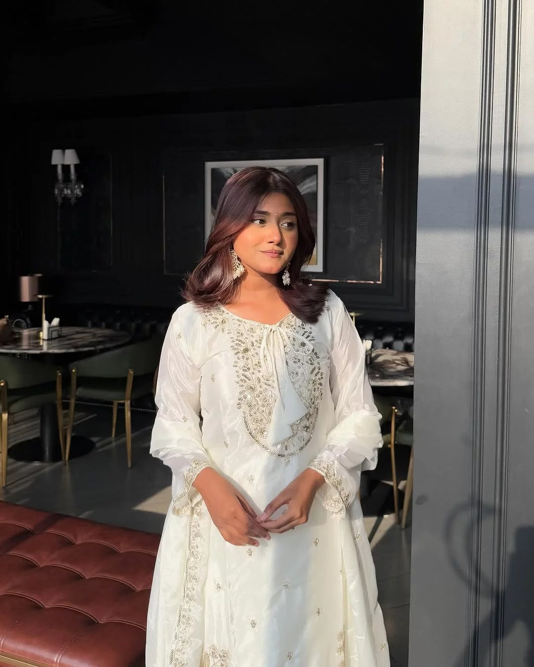 Anveri Textiles Silk Off-White Embroidered Kurta Set for Women – Includes Embroidered Bottom & Dupatta, 3/4th Sleeve, Traditional Ethnic Wear for Festivals & Parties