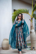Teal Blue Printed Anarkali Set with Dupatta