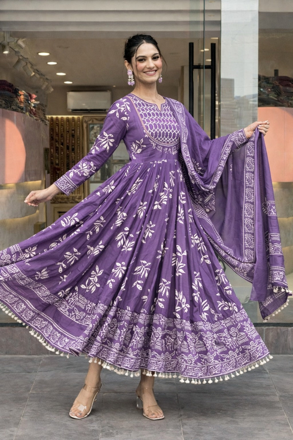 Anveri Purple Anarkali Kurta Set for Women with Dupatta | Printed Ethnic Dress, Flared Kurti, Festive & Party Wear Gown Style Suit