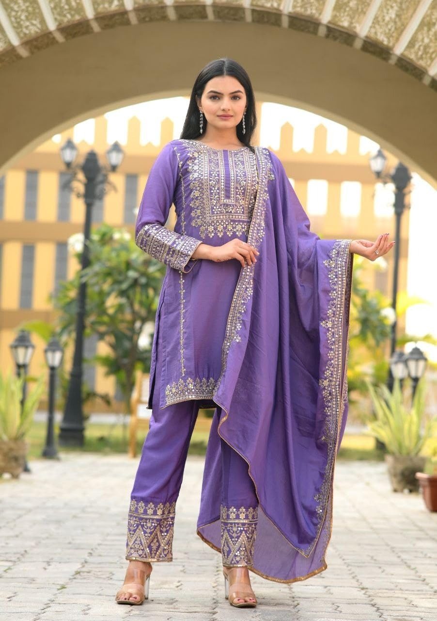 Anveri Elegant Purple Embroidered Kurta Set with Dupatta for Women