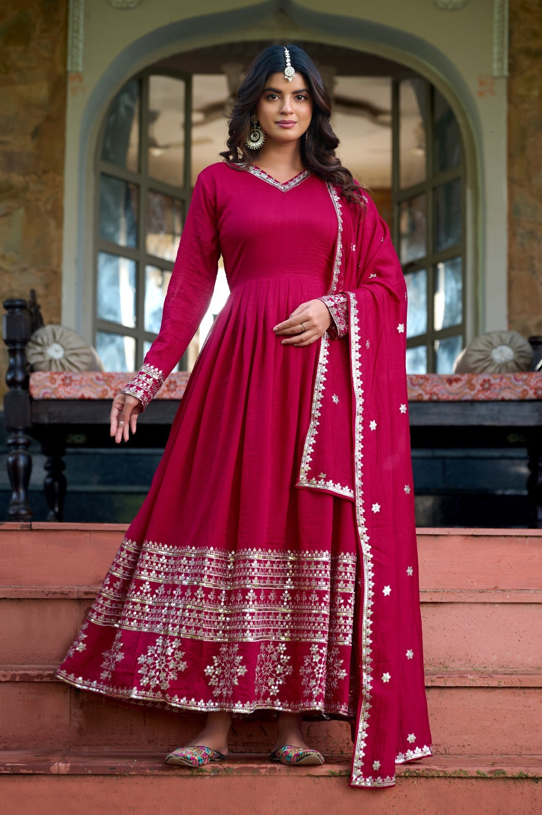 Anveri Elegant Red Anarkali Suit with Dupatta – Traditional Indian Ethnic Wear for Women