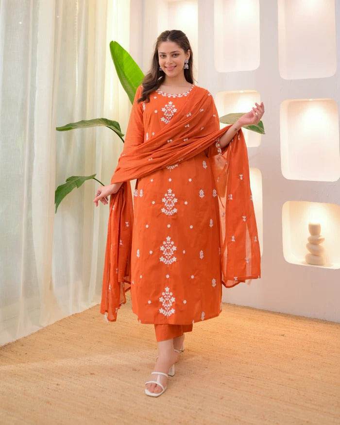 Anveri Orange Embroidered Straight Kurta Set with Dupatta for Women | Ethnic Cotton Suit | Festive & Casual Wear