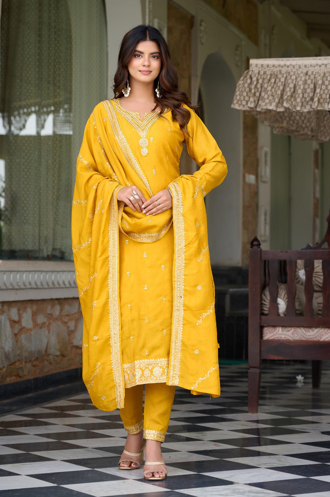 Elegant Mustard Yellow Embroidered Kurta Set with Dupatta
