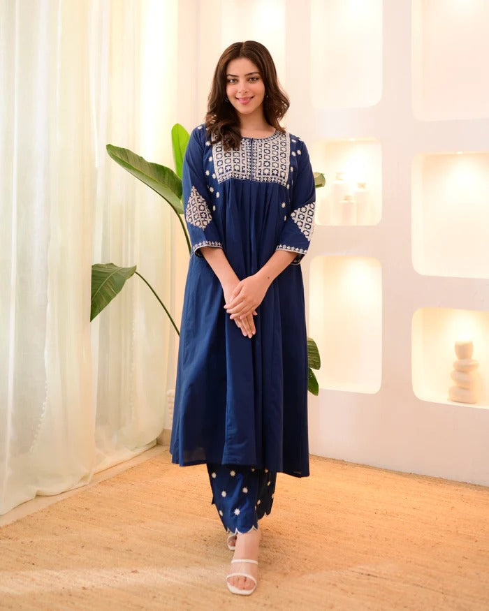 Anveri Women’s Cotton Embroidered Kurta Set with Pants – Elegant Navy Blue Straight Kurta | Stylish Daily Wear & Office Wear Ethnic Set | Comfortable Indian Outfit for Women