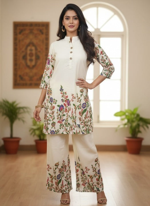 Anveri Women’s Off White Floral Printed Kurta Pant Set | Cotton Blend Straight Kurta with Palazzo Pants | Ethnic Wear for Daily, Office & Festive Use