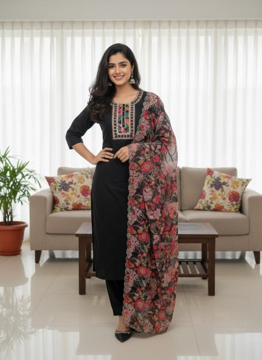 Anveri Women Kurta Set with Floral Printed Dupatta | Straight Kurta Pant Set | Embroidered Ethnic Wear for Women | Festive & Casual Suit Set