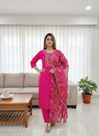 Anveri Women Pink Kurta Set with Floral Printed Dupatta | Straight Kurta Pant Set | Embroidered Ethnic Wear for Women | Festive & Casual Suit Set
