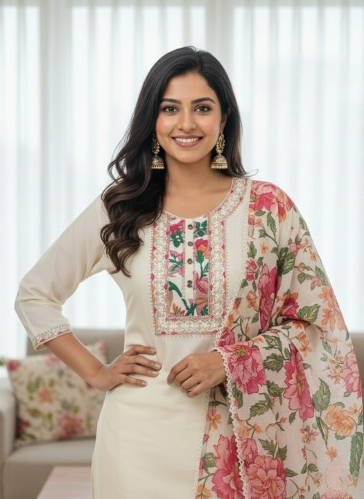 Anveri Women Kurta Set with Floral Printed Dupatta | Straight Kurta Pant Set | Embroidered Ethnic Wear for Women | Festive & Casual Suit Set