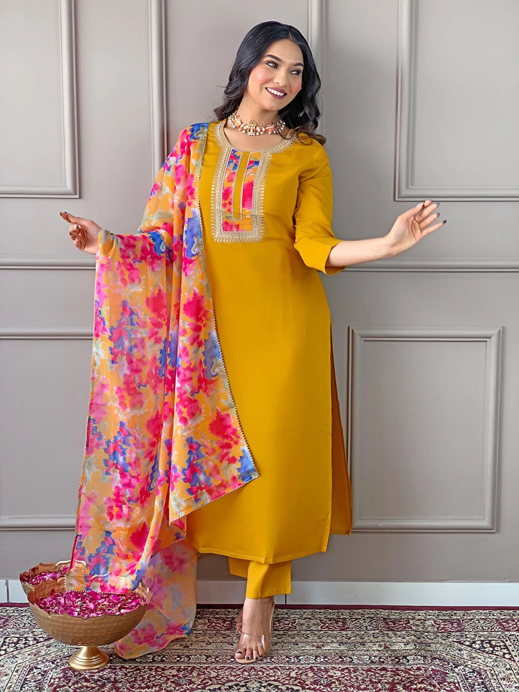 Anveri Women Mustard Yellow Kurta Set with Floral Printed Dupatta | Straight Kurta Pant Set | Ethnic Wear for Women | Festive & Casual Wear