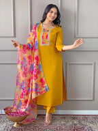 Anveri Women Mustard Yellow Kurta Set with Floral Printed Dupatta | Straight Kurta Pant Set | Ethnic Wear for Women | Festive & Casual Wear