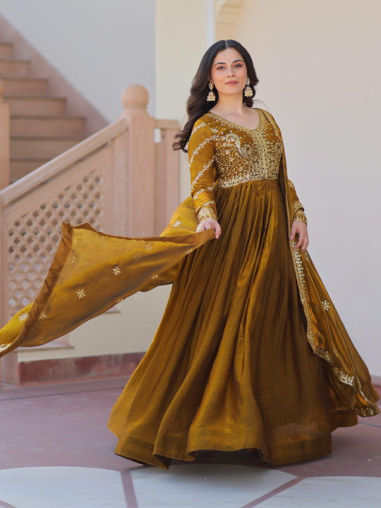 Anveri Women Embroidered Anarkali Gown with Dupatta | Mustard Brown Party Wear Flared Ethnic Dress