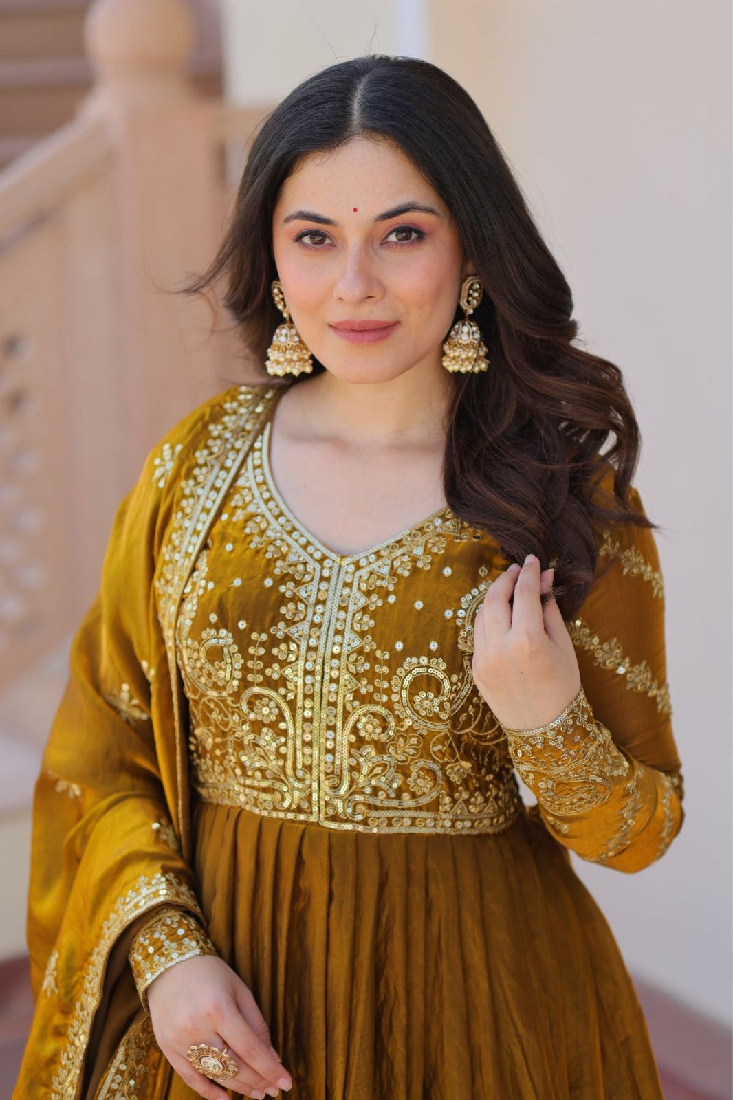 Anveri Women Embroidered Anarkali Gown with Dupatta | Mustard Brown Party Wear Flared Ethnic Dress