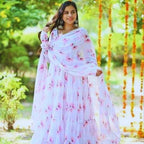 Anveri Women Floral Printed Anarkali Gown with Dupatta | Light Pink Ethnic Party Wear Flared Dress